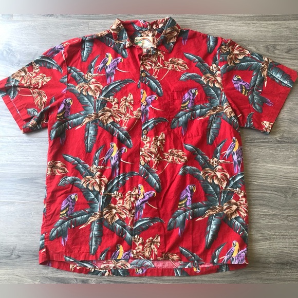 Red and Purple Casual Button Down Shirt with Tropical Print - Picture 1 of 9